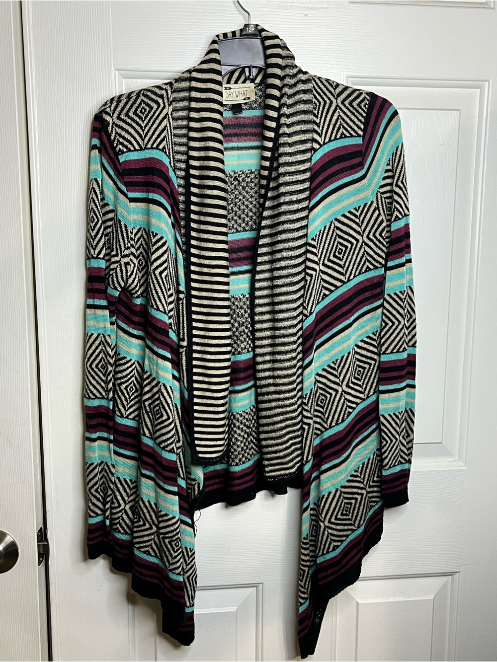 Say What? Striped & Geometric Open-Front Cardigan -Teal/Black/Purple/Cream
14-06